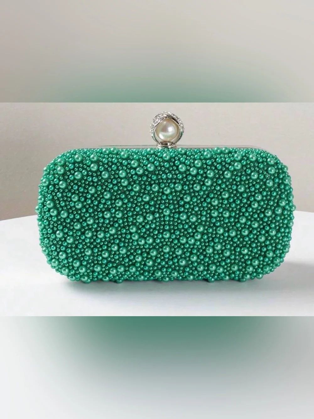 Pearl & Crystal Embellished Clutch - Gree